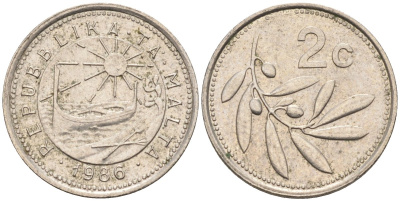 Мальта 2 цента 1986 оливковая ветвь KM 79 медно-никель 4585-1257