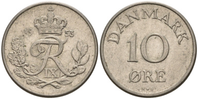 Дания 10 эре 1953 N; S, Фредерик IX (1947-1972) KM 841.1 медно-никель 4564-1216