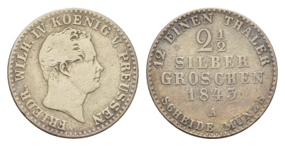 Пруссия 2 1/2 серебреных гроша 1843 A, Фридрих Вильгельм IV (1840-1861) KM 444 серебро 4655-824