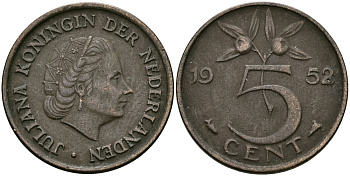 НИДЕРЛАНДЫ 5 ЦЕНТОВ 1952 ЮЛИАНА KM 181 бронза 95-253