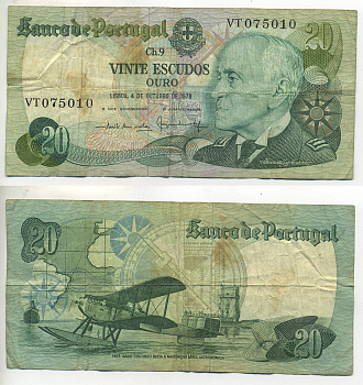 Португалия 20 эскудо 1978 Гагу Коутинью, биплан Fairey III III-MKII Pick 176 a бумага 7552-36-4