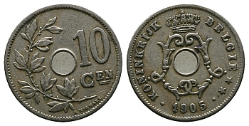 БЕЛЬГИЯ 10 САНТИМОВ 1905 BELGIE KM 53 медно-никель 261-1327