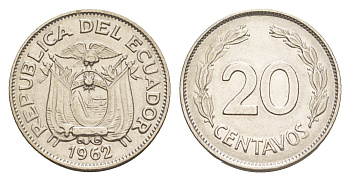 Эквадор 20 сентаво 1962 KM 77.1c сталь плакированная никелем 4640-1227