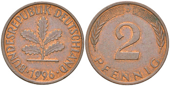 Германия 2 пфеннига 1996 D KM 106a сталь плакированная медью 4613-1225