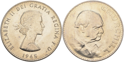 Великобритания 1 крона (5 шиллингов) 1965 Уинстон Черчилль, Елизавета II (1952-2022), в оригинальной пластиковой коробке KM 910, Spink 4144 медно-никель UNC 3-4-11-48