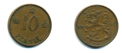 Финляндия 10 пенни 1927 республика (1918-1962) KM 24 медь 46-1614