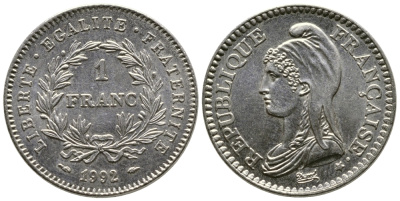 Франция 1 франк 1992 200 лет Французской республике KM 1004.1, Le Franc 229.2 никель 91-136