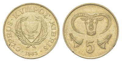 Кипр 5 центов 1983 голова быка KM 55.1 никель латунь UNC 4649-1158