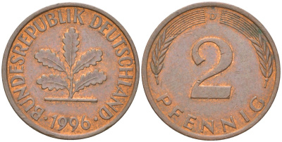 Германия 2 пфеннига 1996 D KM 106a сталь плакированная медью 4613-1225