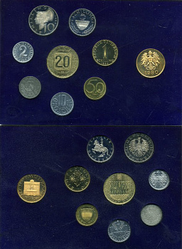 Австрия набор из 8 монет + жетон мондвора 1980 официальный набор, 2, 5, 10, 50 грошей, 1, 5, 10, 20 шиллингов, девять австрийских провинций, в пластике KM PS 40 PROOF 7-4-62