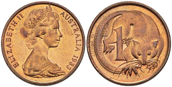АВСТРАЛИЯ 1 ЦЕНТ 1983 ЕЛИЗАВЕТА II, МОЛОДОЙ ПОРТРЕТ, ОПОССУМ KM 62 бронза 100-935