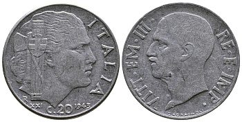 Италия 20 чентезимо 1943 R, Виктор Эммануил III (1900-1946), XXI год KM 75b, VEM3. 1031 нержавеющая сталь 4622-354