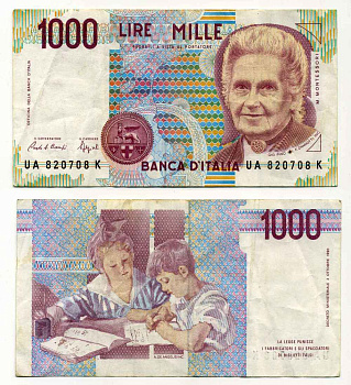 Италия 1000 лир 1990 Мария Монтессори Pick 114а бумага 8588-28-1-1