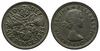 Великобритания 6 пенсов 1955 Елизавета II (1952-2022) KM 903, Spink 4149 медно-никель 4381-647