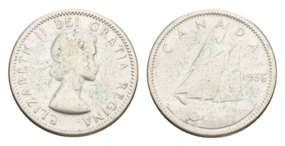 Канада 10 центов 1956 Елизавета II (1952-2022), парусник KM 51 серебро 4639-565