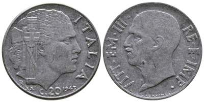 Италия 20 чентезимо 1943 R, Виктор Эммануил III (1900-1946), XXI год KM 75b, VEM3. 1031 нержавеющая сталь 4622-354