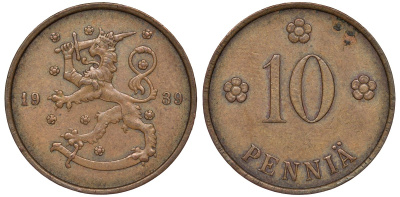 Финляндия 10 пенни 1939 KM 24 медь 51-3151