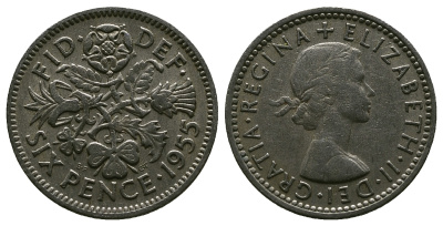 Великобритания 6 пенсов 1955 Елизавета II (1952-2022) KM 903, Spink 4149 медно-никель 4381-647
