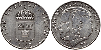Швеция 1 крона 1977 Карл XVI Густав (1973- ) KM 852 медь плакированная медно-никелем 4397-815