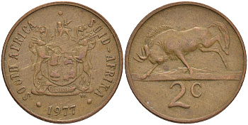 ЮАР 2 цента 1977 герб, антилопа гну KM 83 бронза 4561-721