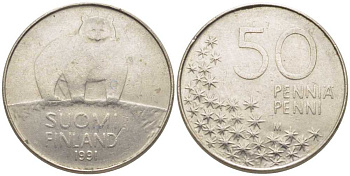 Финляндия 50 пенни 1991 M, полярный медведь KM 66 медно-никель 116-632