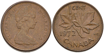 Канада 1 цент 1972 Елизавета II (1952-2022), кленовый лист KM 59.1 бронза 3334-1232