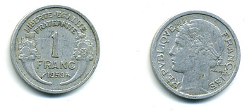 ФРАНЦИЯ 1 ФРАНК 1959 ТИП MORLON, LEGERE KM 885a.1, LE FRANC 221.23 алюминий 84-526