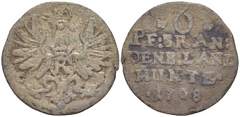 Пруссия 6 пфеннигов 1708 CS, Фридрих I (1701-1713) KM 38, , Schrotter 239 серебро 211-523