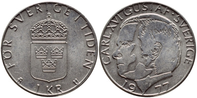 Швеция 1 крона 1977 Карл XVI Густав (1973- ) KM 852 медь плакированная медно-никелем 4397-815