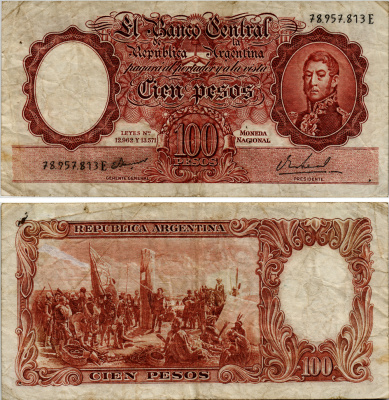 АРГЕНТИНА 100 ПЕСО 1967 СЕРИЯ Е 78957, ГЕНЕРАЛ САН МАРТИН, ПОДПИСЬ EGIDIO IANNELLA - PEDRO S. REAL Pick 277 бумага 7204-57-1