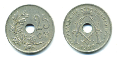 Бельгия 25 сантимов 1922 Belgique KM 68.1 медно-никель 4385-541