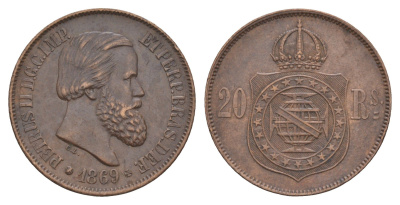Бразилия 20 реалов (рейсов) 1869 Брюссель, Педро II (1831-1889) KM 474 бронза 1519-1325