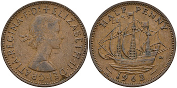 Великобритания 1/2 пенни 1962 Елизавета II (1952-2022) KM 896, Spink 4158 бронза 4146-311