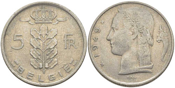 БЕЛЬГИЯ 5 ФРАНКОВ 1949 BELGIE, ЛЕОПОЛЬД III (1934-1950) KM 135.1 медно-никель 119-746