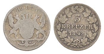 Баден 3 крейцера 1848 Леопольд (1830-1852) KM 211 серебро 4639-1267