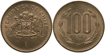 Чили 100 песо 1996 So KM 226.2, Schon 71 алюминиевая бронза UNC 4544-1246