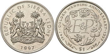 Сьерра-Леоне 1 доллар 1997 Золотая годовщина свадьбы - монограмма ЕР KM 53 медно-никель BU 4368-925