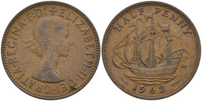 Великобритания 1/2 пенни 1962 Елизавета II (1952-2022) KM 896, Spink 4158 бронза 4146-311