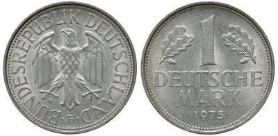 ФРГ 1 МАРКА 1975 F KM 110, J. 385 медно-никель aUNC 72-844