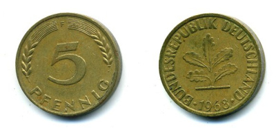 ФРГ 5 ПФЕННИГОВ 1968 F KM 107, J 382 сталь плакированная латунью 46-238