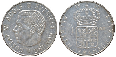 Швеция 1 крона 1963 U, Густав VI Адольф (1950-1973) KM 826 серебро 4178-752