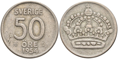 Швеция 50 эре 1954 TS, Густав VI Адольф (1950-1973) KM 825 серебро 4148-927