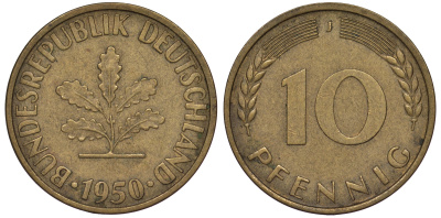 ФРГ 10 пфеннигов 1950 J KM 108, J 383 сталь плакированная латунью 25-1743