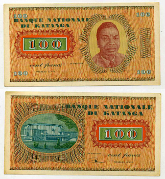 Катанга 100 франков 1960 президент Моиз Чомбе, национальная ассамблея, replacement, замещенная серия Pick 8r  бумага  аUNC 451-298-3