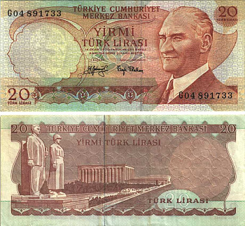 ТУРЦИЯ 20 ЛИР 1974 ЧЕРНАЯ ПОДПИСЬ, ПРЕЗИДЕНТ КЕМАЛЬ АТАТЮРК Pick 187а бумага VF 6280-61-2-1