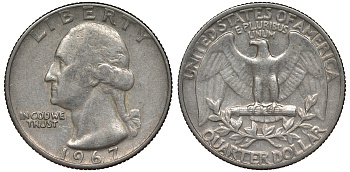 США 25 центов (квотер) 1967 Вашингтон KM 164а медь плакированная медно-никелем 4128-626
