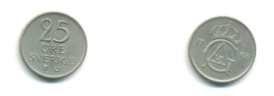Швеция 25 эре 1963 U, Густав VI Адольф (1950-1973) KM 836 медно-никель 56-651