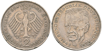 ФРГ 2 марки 1982 D, Курт Шумахер, 30 лет Федеративной Республике KM 149 медно-никель 4572-525