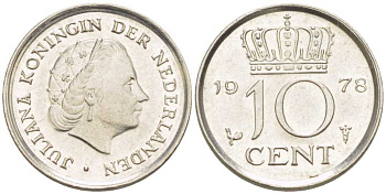 Нидерланды 10 центов 1978 Юлиана (1948-1980) КМ 182 никель 211-1234