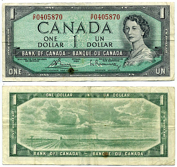 Канада 1 доллар 1954 подписи Bouey & Rasminsky, BABNC Pick 75c бумага 8603-35-3-1